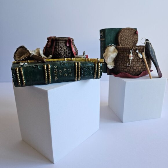 Vtg Fishing Desk Set Figurines with Tackle and Creel Small Resin Bookend - Picture 1 of 16